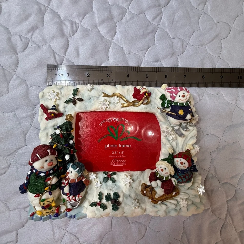 JCPenney Christmas Snowman Picture Frame 3.5 5” White Red